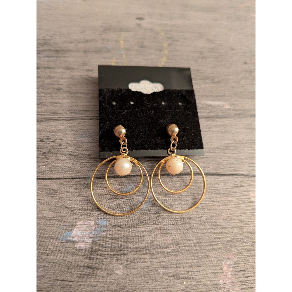 Gold Tone Double Hoop Faux Pearl Drop Earrings Geometric Dangle Studs